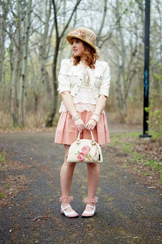 Winnipeg Fashion Blog, Canadian Fashion Blog, Madison Lane Handmade victorian style paper floral hat, Jessica Simpson cropped floral denim jean jacket, Arianne pink lace cami, Winners ISSI crochet lace tank, BCBG Max Azria Aria blush pink pleated a-line skirt, Juicy Couture terry floral embroidered bowler bag purse, Icing crochet floral gold chiffon chain necklace, Forever 21 flower enamel bracelet, The Shopping Channel pearl coil bracelet, Icing flower bracelets, Icing pink sheer ruffle socks, Fluevog pink white Fellowship Kathy saddle flat shoes
